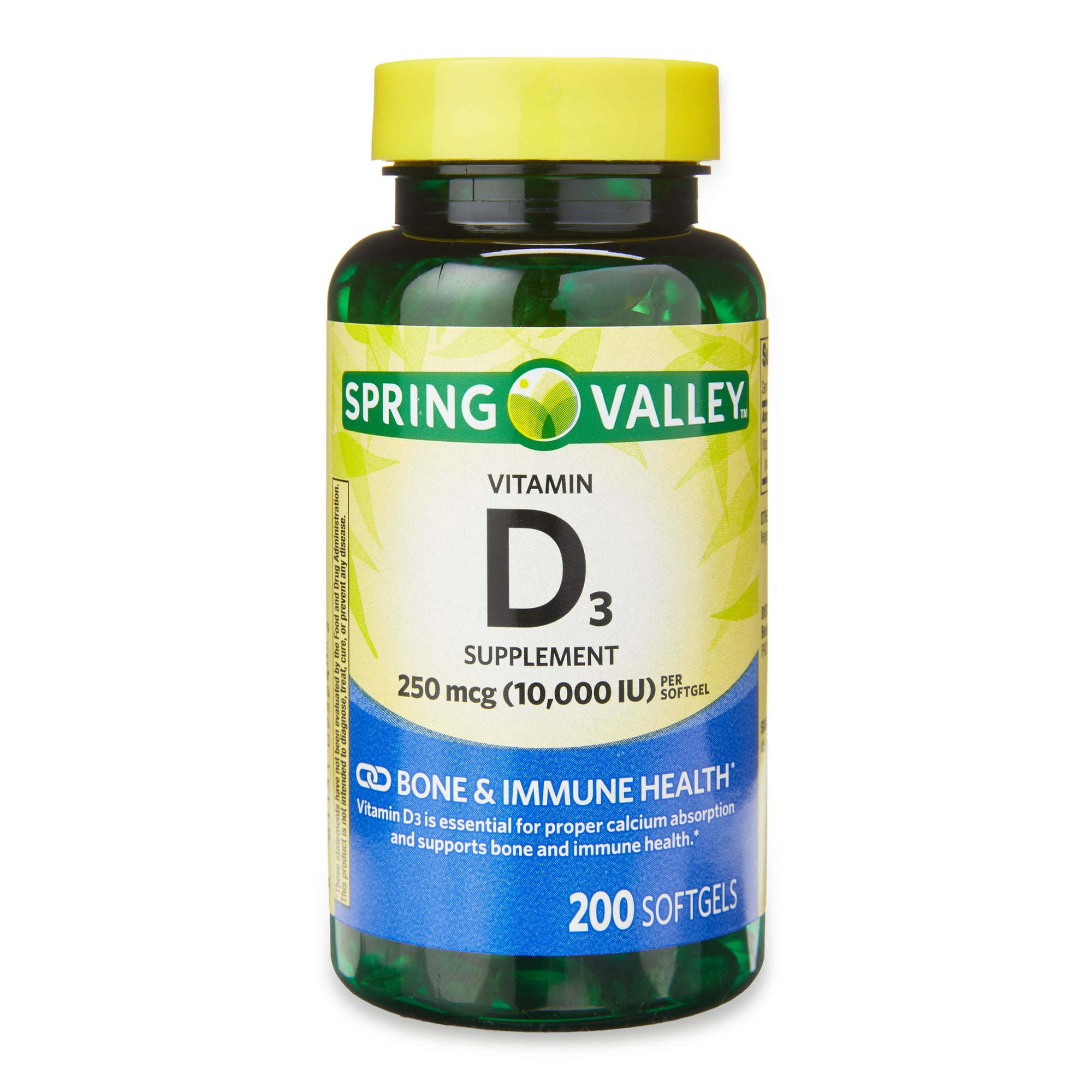 Spring Valley Vitamin D3 Bone & Immune Health Dietary Supplement Softgels, 250 mcg (10,000 IU), 200 Count Spring Valley Vitamin D3 Bone & Immune Health Dietary Supplement Softgels, 250 mcg (10,000 IU), 200 Count